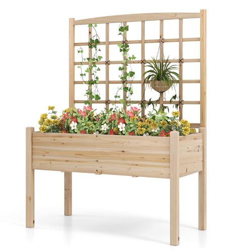 HOMASIS Blumenkasten mit Rankgitter, Pflanzkübel mit Spalier, Pflanzkasten aus Holz, Hochbeet Pflanzgefäß Rankkasten Gartenspalier Rankhilfe für Balkon, Garten, Terrasse, 119x60x160cm, Natur
