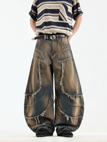 Men's Fringe Frayed Edges Hip Hop Baggy Jeans Wide Leg Jeans Vintage Loose Fit Denim Pants2