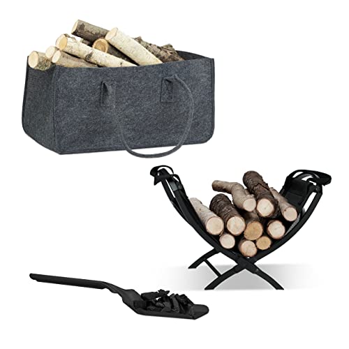 3 tlg. Kamin-Set, Kaminholztasche, Kaminholzkorb, Kohlenschaufel, Filz, Stahl, Stoff, Henkel, faltbar, schwarz/anthrazit