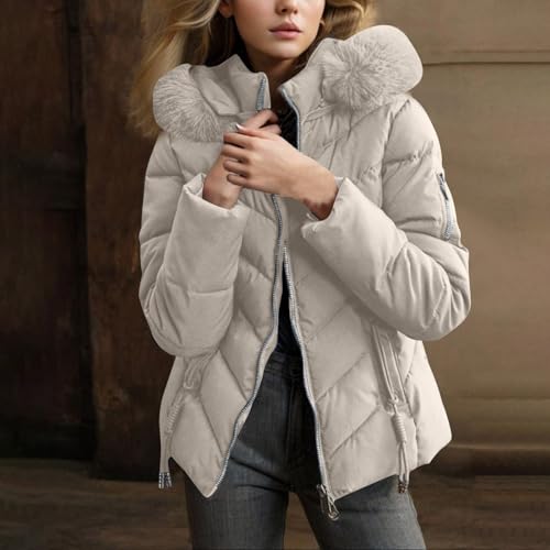 Womens Winter Puffer down Coats Zipper Long Sleeve Faux Fur Hood Short Padded Jackets Casual Warm Cozy Ladies Outwear4