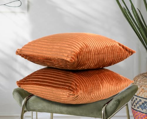 Image of RD TREND Cushion Cover Set of 2, Decorative Sofa Living Room Home Square Cushion Covers 18 Inch x 18 Inch, Aesthetic Corduroy Striped Double Sided (Golden)