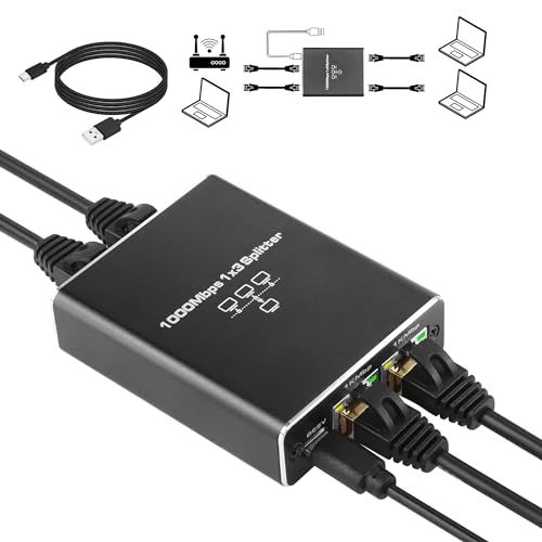SinLoon Répartiteur Ethernet 1 à 3, commutateur Ethernet 1000/100 Mbps commutateur réseau Gigabit 3 Ports répartiteur réseau avec Cordon d'alimentation USB, adapté aux Ordinateurs, hubs, etc.