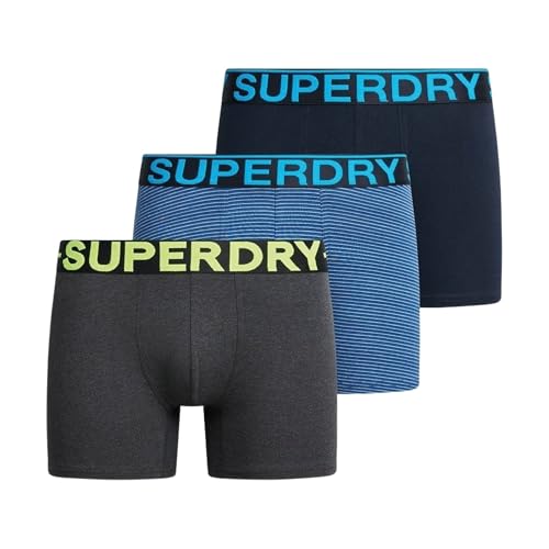 Superdry Men's 3 Pack Organic Cotton Boxer Briefs, Navy/Blue Stripe/Navy Feeder, L