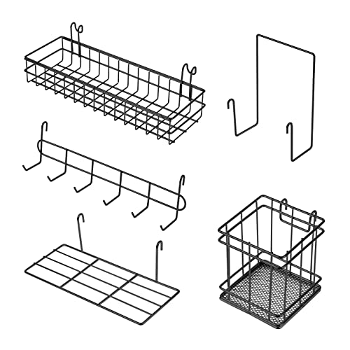 DBREAKS 5Pcs Hänge-Körbe Hänge-Regal & Haken-Gestell, Stifthalter, Bücherregal Schwarz Wandgitter Zubehör für Gitterwand-Feld, Gitter-Wand-Stauraum für Gitterfotowand