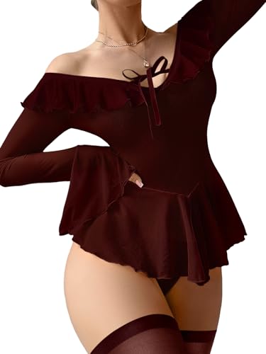 Image of Foxiny Sheer Ruffle Long Sleeve Babydoll Lingerie Dress | Off-shoulder neckline, flared cuffs and a flounce hem add movement; thong and thigh-high stockings complete the 3-piece set