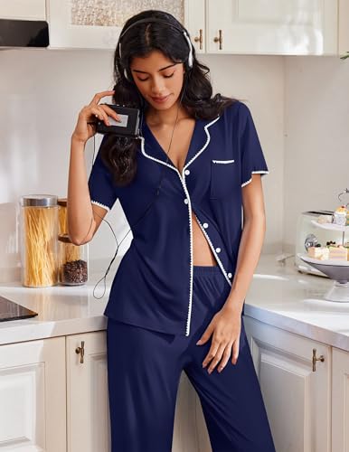 Image of Ekouaer Pajamas for Women Set Button Up Soft Pjs Short Sleeve 2 Piece Lounge Sets Comfy Sleepwear