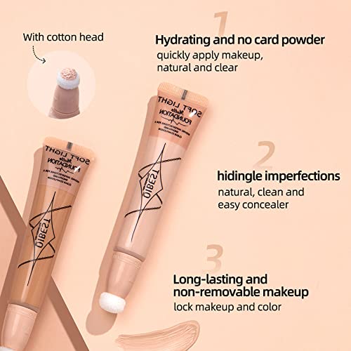2Pcs Liquid Foundation, 4 In 1 Primer, Foundation, Concealer & Powder With Buildable Coverage, Adapts To Medium Skin Tones, Built-In Flow-Through Sponge Tip Applicator #TOP2