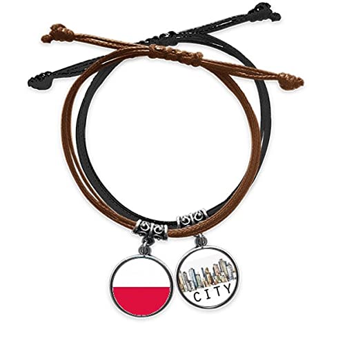 Bracelet drapeau Pologne en cuir corde et chaine de main Europe