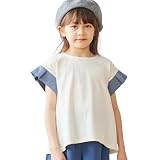 [ever closet] ガールズ Tシャツ 110サイズ (4-6歳・身長105-115cm目安) アイボリー ブルー キッズ 女の子 半袖 春 夏 トップス 袖フリル リボン 配色 春服 夏服 通園 通学 子供服 キッズ服 エバークローゼット
