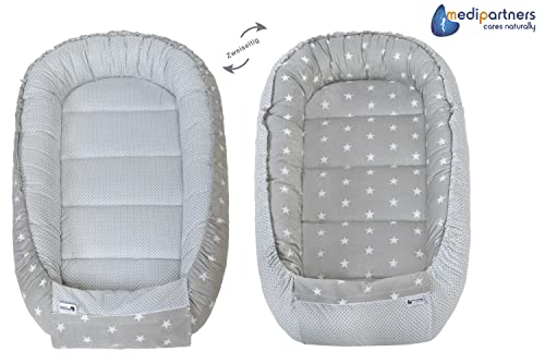 Medi Partners Babynest Kuschelnest Babynestchen 100% Baumwolle Nestchen Reisebett für Babys Säuglinge 100x60x15cm herausnehmbarer Einsatz (graue Sternen mit Hellrosa Minky) – Bild 4