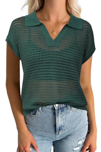 Image of Arach&Cloz 2025 Women's Crochet Cap Sleeve Knit Tops Spring Summer Shirts Lightweight Collared Hollow Out Casual Blouses