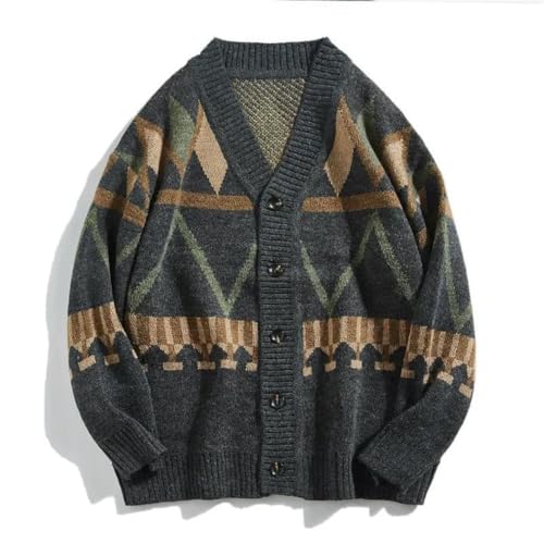 Men Vintage Color Block Cardigan V-Neck Loose Knit Sweater Casual Japanese Style Outerwear2