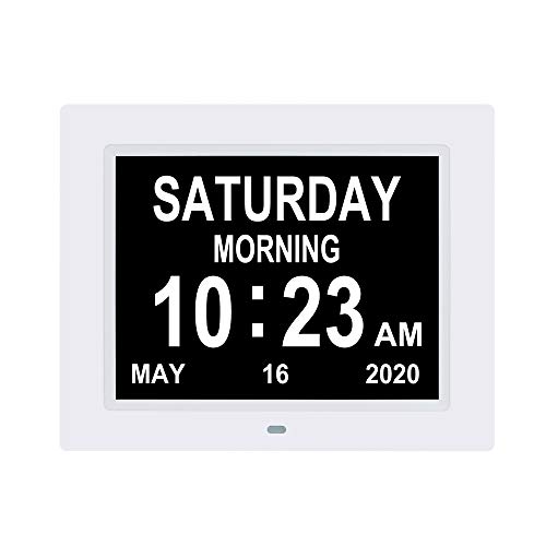 LaMi 8 Inch Digital Calendar Day Alarm Clock -8 Alarm Reminders,AM PM Function,Day Clock with Extra Large Display Helps with Memory Loss, Alzheimer s ,Dementia,Digital Wall Clock ( White)