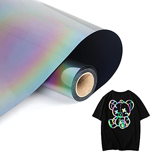 Image of RENLI.TONG Reflective Rainbow HTV Roll, 12'' x 10' for DIY T-Shirts, Iron on Vinyl, PU Stretch Elastic, Eco-Friendly, Easy to Cut & Weed, Compatible with Cricut, Silhouette