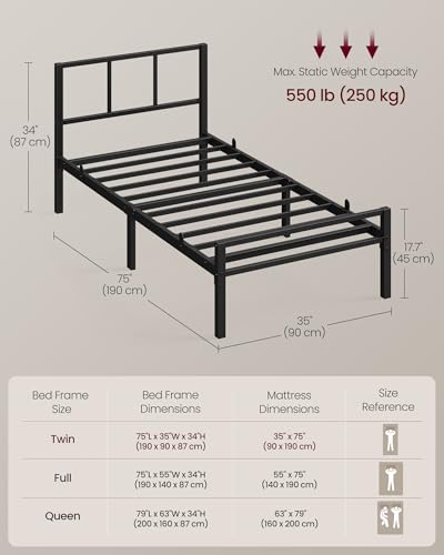 Vasagle Single Bed Frame, 90 X 190 Cm, With Slats And Headboard, Metal Platform Bed, Supports Up To 250 Kg, Easy Assembly, Modern Bedroom Furniture, Ink Black RMB291B101 - 2