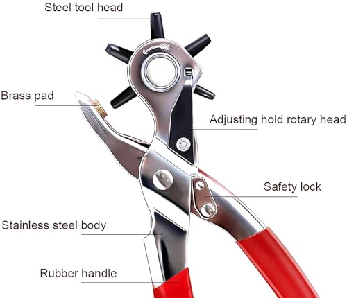 Image of Punch Hole Pliers: Metal Hand Tool with Revolving Heavy-Duty Puncher for Leather Craft, Belts, Watch Bands, Bags, Dog Collars and Fabric (Revolving Punch)