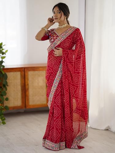 Image of Satrani Women's Georgette Bandhani Printed Sequin Embroidery Saree with Unstitched Blouse Piece