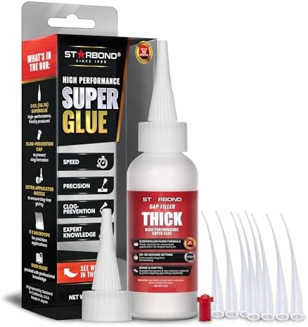 Starbond Thick Super Glue Pro Kit (2 oz) – Gap-Filling CA Glue (Cyanoacrylate Adhesive) – with Clog-Resistant Cap, Microtips & Extra Nozzle for Woodworking, Crafts, Carpentry, Archery Fletching