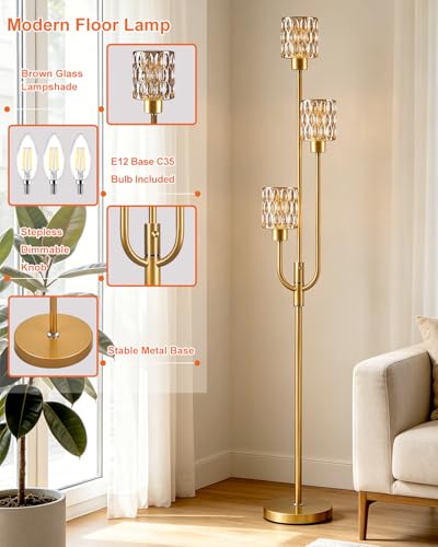 Image of 66IN Glass Floor Lamp 3-Lights Modern Gold Dimmable Floor Lamps with 3000K Warm White Bulbs for Wedding Party Tall Standing Lamp with Amber Glass Shade for Living Room /Bedroom /Home Decor