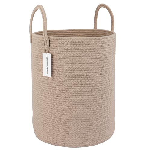Image of XUANGUO Cotton Rope Laundry Basket Hamper for Clothes Woven Storage Basket for Living Room Bedroom Boho Tall Rope Baskets for Blanket Toys Pillow Towels Baby Nursery Hamper Bin Konjac