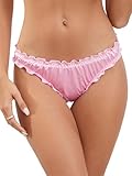 Milumia Women Lettuce Trim Sexy Satin Panty V Cut Frill Trim Ruched Cheeky Underwear Low Waist Bikini Briefs Pink Small