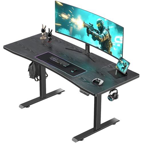 Image of Veken 63 x 28 Inch Electric Standing Desk, Sit to Stand Up, Work Home Office Computer Table for Study, Walking Pad, Writing, and Games, Wooden Desktop Desks, Black