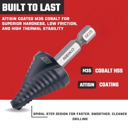 Image of NEIKO 10621B Step Drill Bit, 1 Step 7 /8 inch Spiral M35 Cobalt, AlTiSiN Coated, 1 /4 inch Quick Change Step Bits for Steel, Metal, Wood, Plastic, Unibit Cone Drill Bits, Two Flute