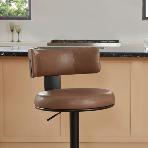 Butacos ajustables CHITA, set de 3, con giro de 360° y base metálica para barra, isla de cocina o comedor, asiento en cuero sintético marrón silla y estructura negra miniatura 2