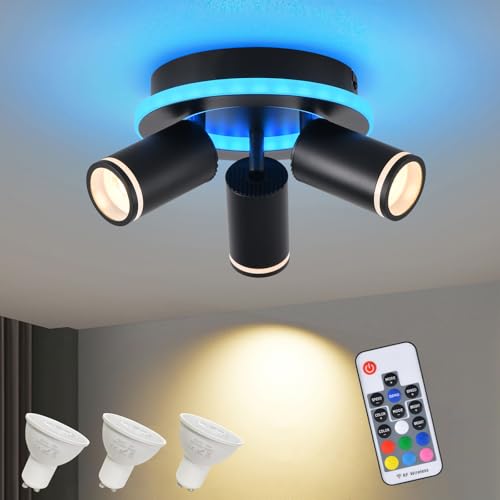 Deckenlampe LED Dimmbar mit Fernbedienung,RGB Farbwechsel 27W 2300LM Deckenleuchte,Schwenkbar Deckenstrahler,3 Flammig Rund mit unteres Glühen 12W+3x5W GU10 spots,Modern Lampe Decke für Küche,Schwarz Deckenlampe LED Dimmbar mit Fernbedienung,RGB Farbwechsel 27W 2300LM Deckenleuchte,Schwenkbar Deckenstrahler,3 Flammig Rund mit unteres Glühen 12W+3x5W GU10 spots,Modern Lampe Decke für Küche,Schwarz