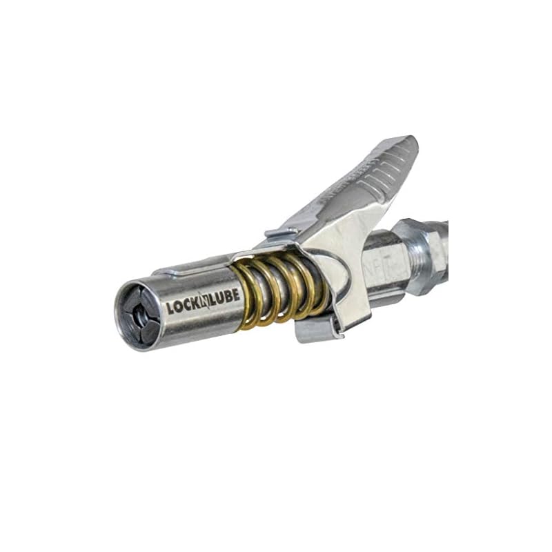 LockNLube Grease Gun Coupler locks onto Zerk fittings. Grease goes in