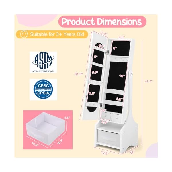   Costzon-Kids-Jewelry-Armoire-Cabinet-415-Standing-Jewelry-Organizer-with-Full-Length-Mirror-3-Storage-Drawers-Kids-Vanity-Dress-Up-Mirror-Jewelry-Cabinet-for-Little-Girls-White