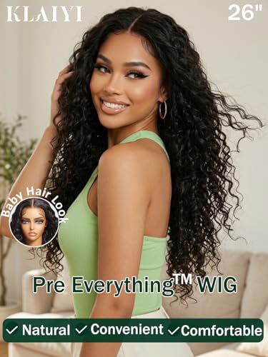 Image of KLAIYI Water Wave Pre Everything 13x4 HD Lace Frontal Human Hair Wig with Baby Hair Drawstring Glueless Pre Plucked Bleached Bye Bye Knots Curly 30S Ready to Wear and Go Wig Beginner Friendly 14Inch