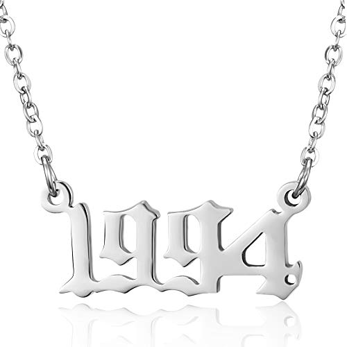 RINHOO Birth Year Number Pendant Necklace Stainless Steel Silver Number Birthday Necklace Chain Jewelry for Women Girl (Silver-1994)