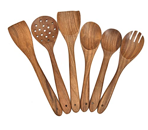 Image of Sanjeev Kapoor by OGGN Sheesham Wood Serving & Cooking Spoon Set of 6, Handmade Wooden Spatula Set for Cooking, Non Stick Kitchen Tools, Turner, Ladle, Pasta & Frying Spoon, Natural Cookware