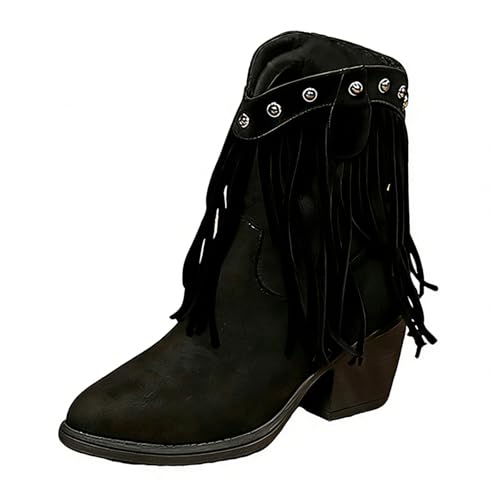 Jemnpela Botines de Tobillo de Ante para Mujer con Flecos Tacón Medio Ancho Fácil de Calzar Estilo Vaquero Calzado Boho para Conciertos Country Fiestas Temáticas Bodas y Baile