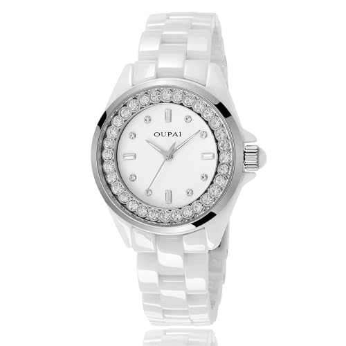 OUPAI Montres en céramique blanche pour femme, montre élégante pour femme, montre à quartz étanche avec diamant