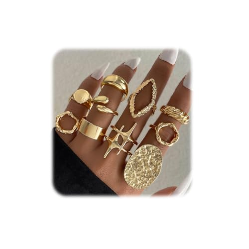 Gold Chunky Rings Set for Women Unique Non Tarnish Stackable Statement Rings Silver Thick Dome Irregular Open Finger Rings Pack Trendy Rings