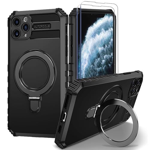 Fudley for 11 Pro Max Magnetic Case [Compatible with MagSafe] with 2 Tempered Glass Screen Protectors with Ring Kickstand,Military Grade Heavy Duty for 11 Pro Max Case 6.5'' Black