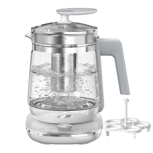 ICOOKPOT 1200w Electric Kettle, 1.5L Borosilicate Glass tea kettle, Hot water kettle electric for Coffee or Tea, BPA Free, Auto Shut-Off, Stainless Steel, Fast Boil, White