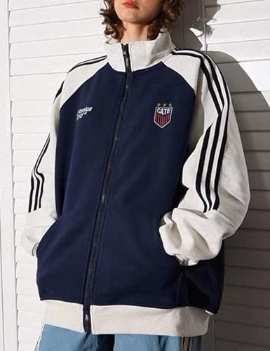 Image of Men's Women's Oversized Zip Up Color Block Mock Neck Hoodies Sweatshirt Letter Graphic Varsity Jacket