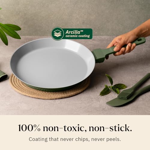 Image of Ember Cookware Arcilla Ceramic Non Stick Tawa 28 cm | 5-Year Warranty | Lightweight, Non-Toxic Roti & Chapati Pan | Matching Handle- Gas Compatible | Ceramic Cooking Tawa | Green