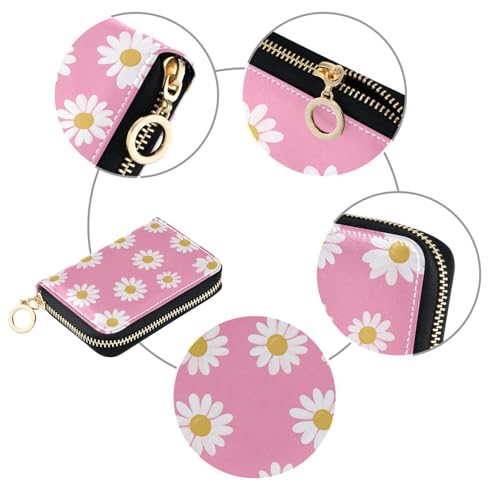 White Daisy Pink Women's Card Holder Wallet Durable PU Leather with RFID Blocking Full-Zip Security 11 Slots in Mini Size, Ideal for Purse Travel or Daily Organization3