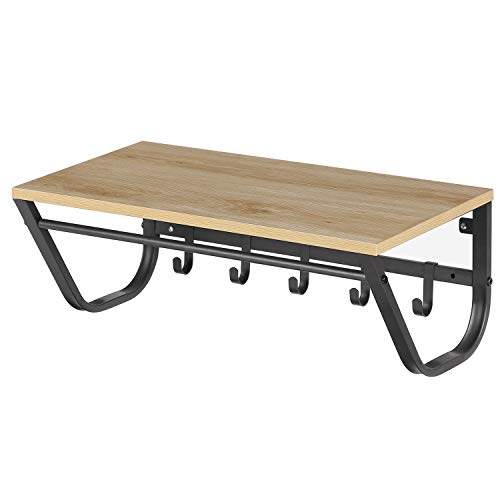 AZACA Porte-Manteau Mural avec Etagère de Rangement, Tringle et 5 Crochets, Cadre en métal, Style Industriel, pour Entrée, Couloir, Chambre, Salle de Bains, Salon, Couleur Chêne Clair