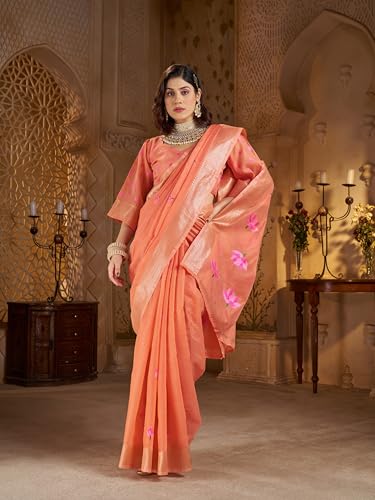 Image of SWORNOF Womens Linen Silk Saree | Saree for Women With Unstitched Blouse | Saree with Blouse Piece | Soft and Skin Friendly