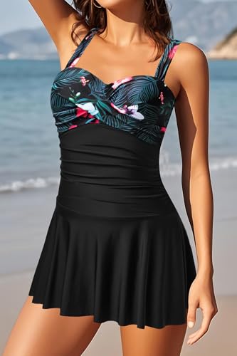 Image of Aqua Eve One Piece Swim Dress Tummy Control Swimsuit with Skirt Modest Bathing Suit Vintage Swimdress