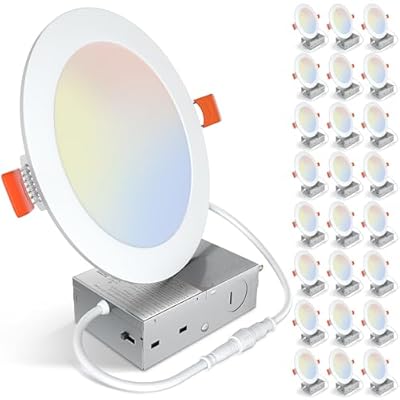 UVFD 24 Pack 6 Inch 5CCT Ultra-Thin LED Recessed Ceiling Light with Junction Box,2700K/3000K/3500K/4000K/5000K Selectable,Dimmable Canless Wafer Downlight, 12W, ETL&FCC