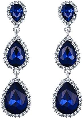 EleQueen Women's Silver-tone Austrian Crystal Tear Drop Pear Shape Long Dangle Earrings Royal Blue