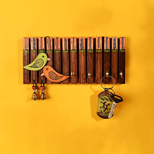 Image of Aakriti Art Creations Key Holder, Handcrafted Tribal Art Wooden Strips & Birds Key Hanger | Rustic Wood Wall Organizer with 4 Hooks | Storage Shelf For Keys, Hats | Multifunctional Entryway Decor Item