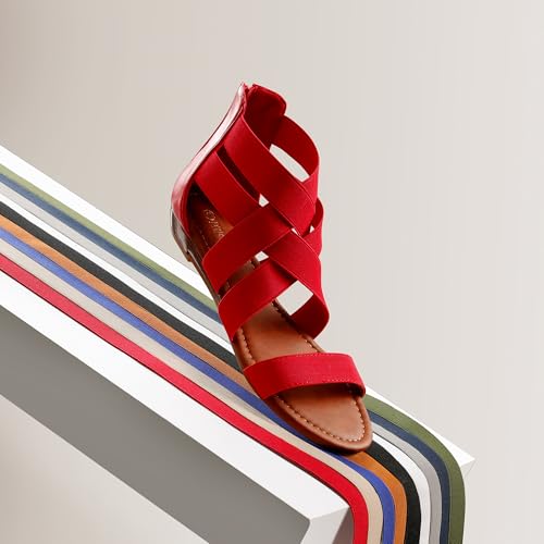 DREAM PAIRS DREAM PAIRS Women's Elastic Ankle Strap Sandals Gladiator Strappy Low Wedges Sandals,Size 8.5,Red,ELASTICA8