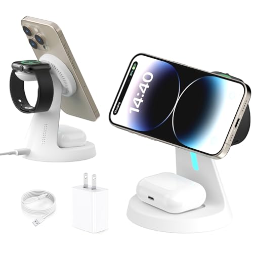 Image of Wireless Charger,3 in 1 Charging Station,15W Phone Charger Stand | Compatible with Mag-Safe Charger for iPhone 17 /16 /15 /14 /13 /12 Series, Apple Watch, AirPods (Adapter Included)